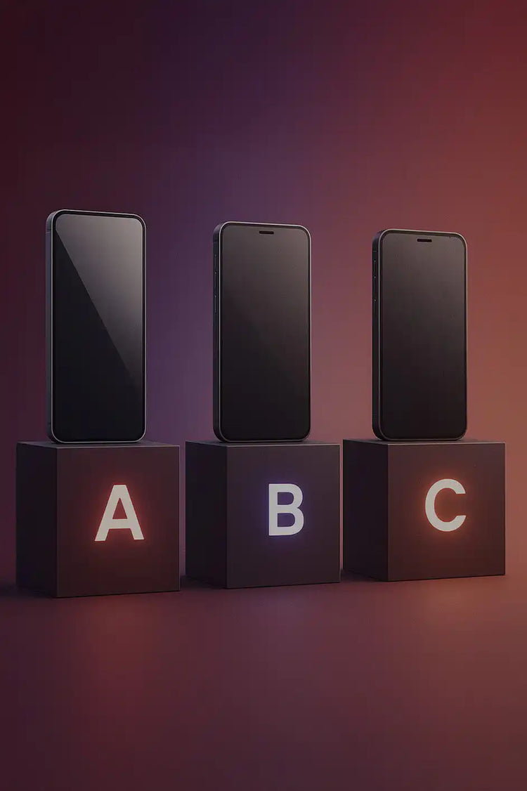Drie smartphones op display.