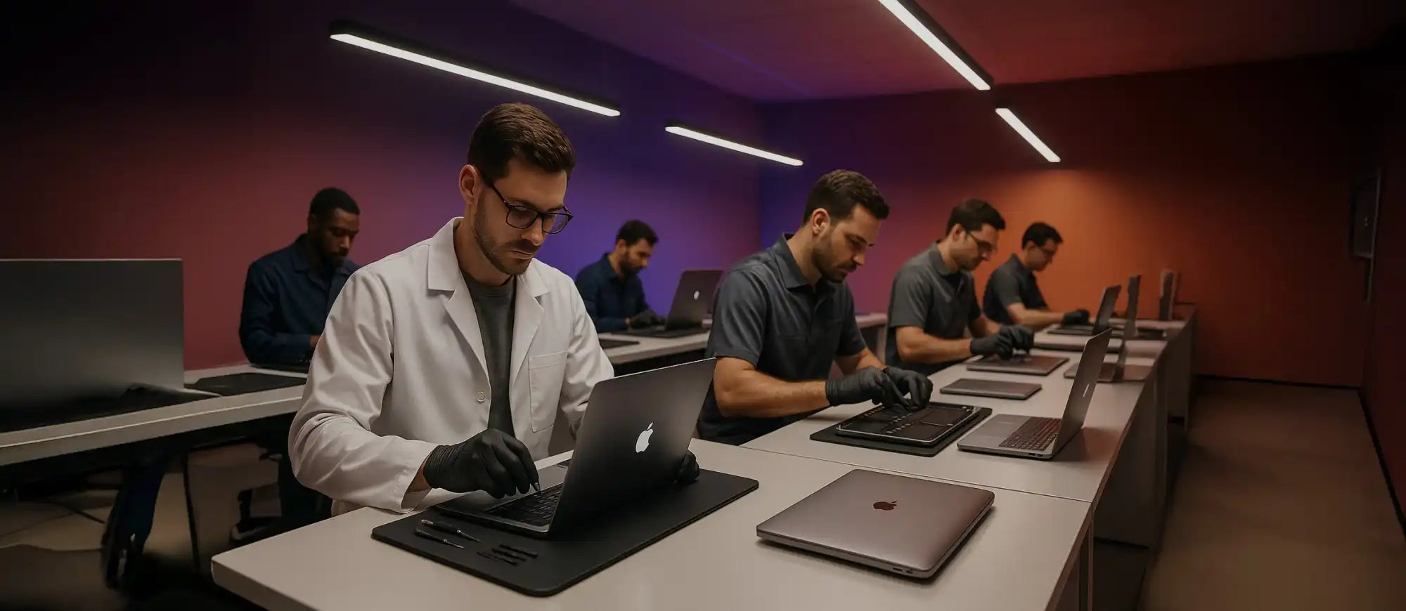 Een groep mannen in een klaslokaalomgeving, sommigen dragen witte laboratoriumjassen en anderen grijze shirts, allemaal dragen ze zwarte handschoenen en werken op laptops.