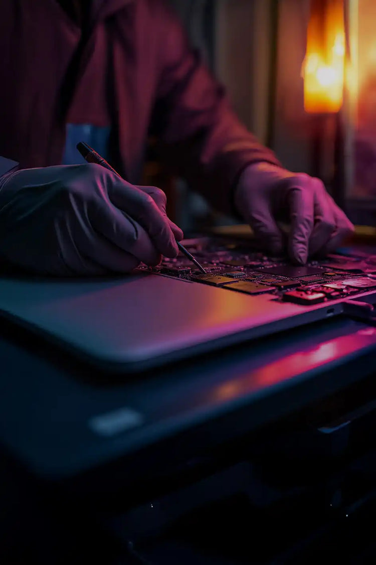 Een laptop met zijn interne onderdelen blootgelegd voor reparatie.