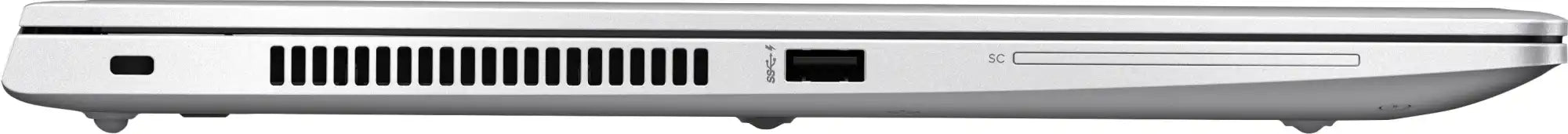 Linkerzijde van een zilveren laptop met een ventilator, een USB-poort en een SD-kaartplaats.