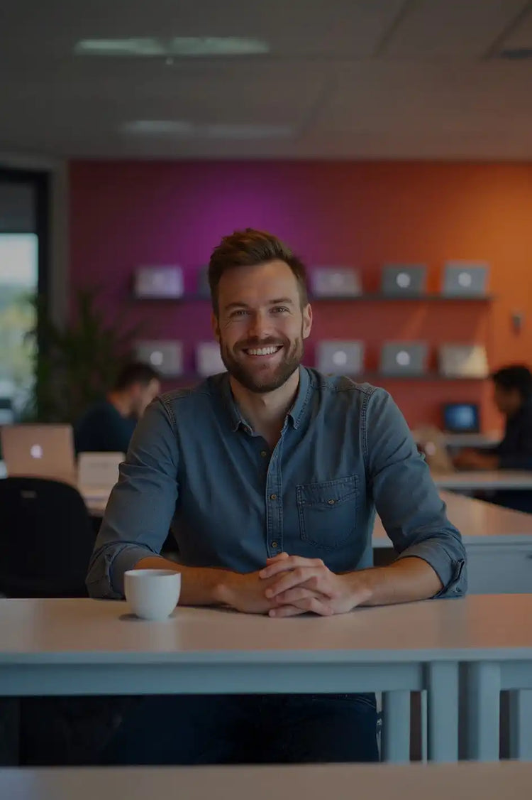 Een lachende man met een baard en een blauw overhemd, zittend aan een tafel.