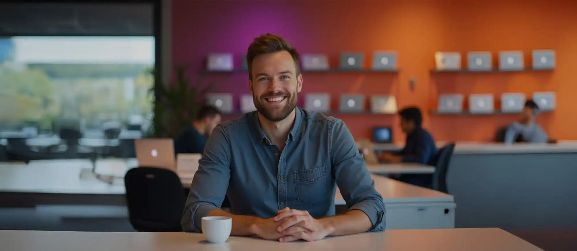 glimlachende man in een blauw shirt met een baard, zittend aan een tafel.