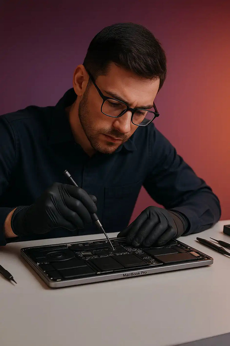 Een persoon die een bril draagt en zwarte handschoenen, die een open laptop repareert.
