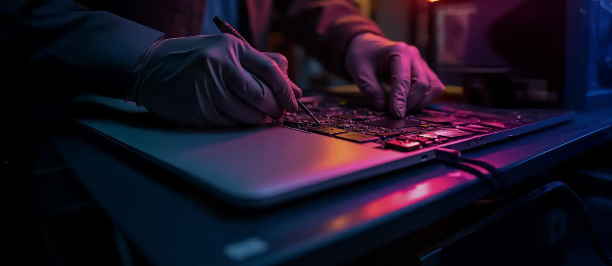 Een persoon die handschoenen draagt en een laptop repareert, verlicht door levendige neonlichten.