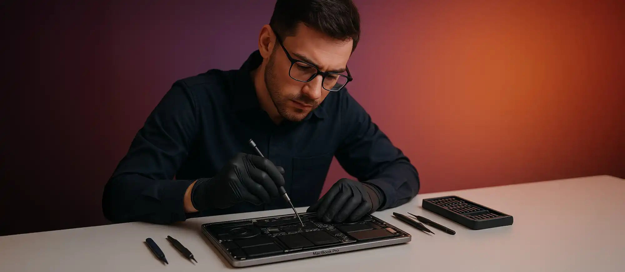 Een persoon die een laptop repareert.