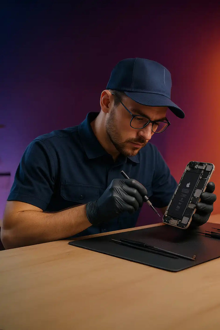 Iemand die een pet en een bril draagt, gefocust op het repareren van een smartphone met een schroevendraaier terwijl ze zwarte handschoenen dragen.