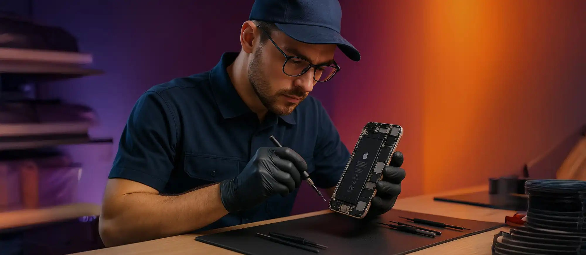 Een persoon die een pet en bril draagt, zorgvuldig een smartphone repareert met een klein gereedschap terwijl hij zwarte handschoenen draagt.