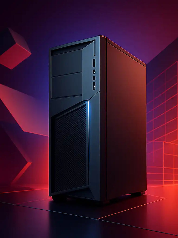 Een strakke, donkergrijze pc-behuizing met een gaasvoorpaneel en een subtiele blauwlichtaccent.