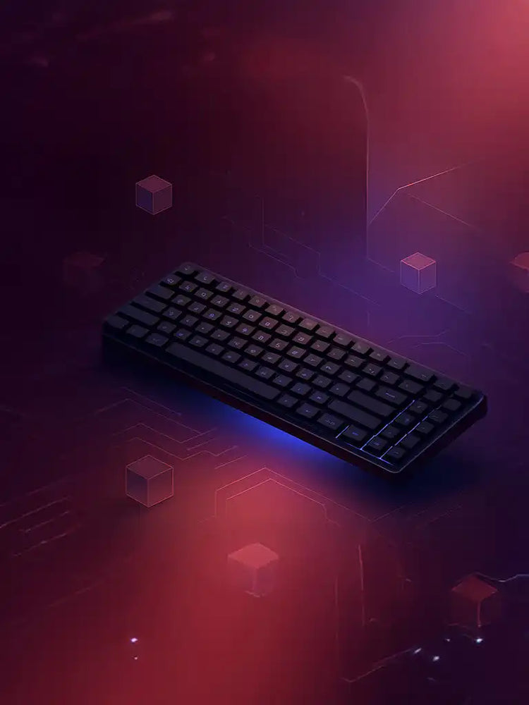 Een strakke, donkere mechanische toetsenbord met subtiele blauwe achtergrondverlichting.