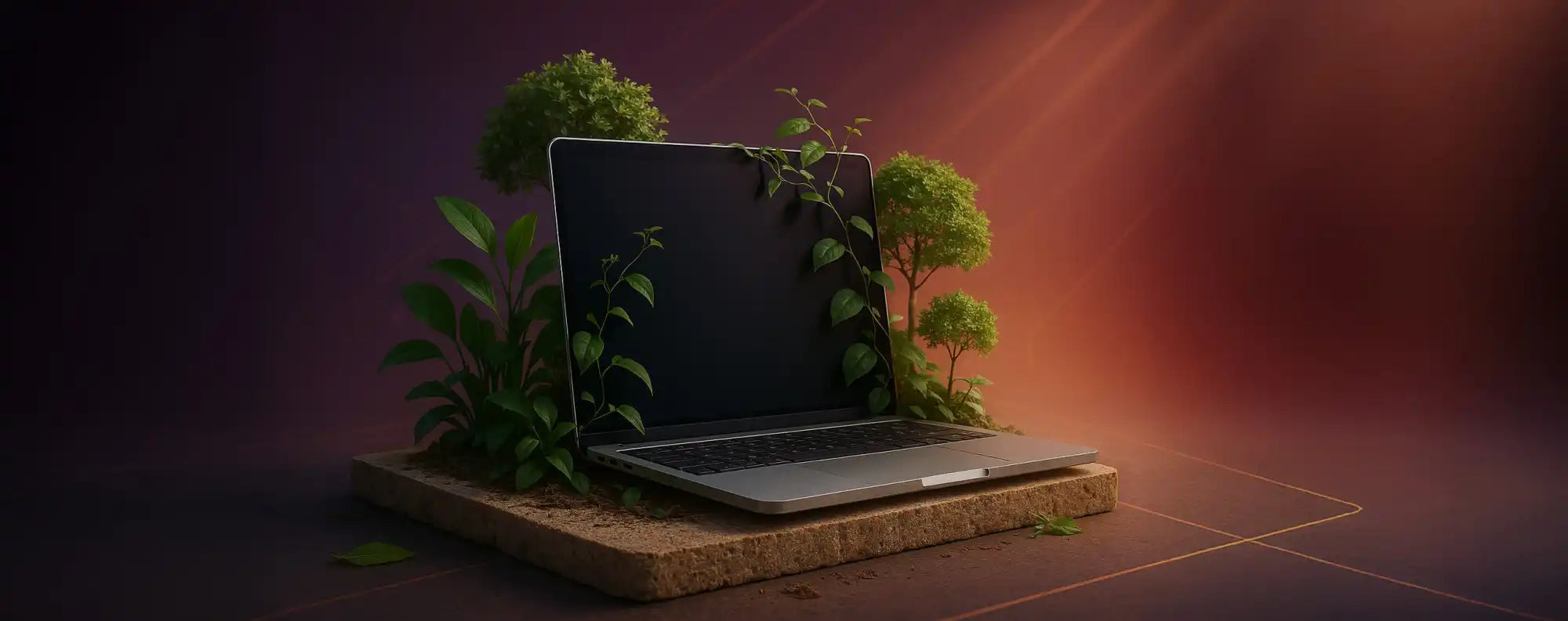 Een slanke laptop met een donker scherm, omgeven door weelderig groen gebladerte.