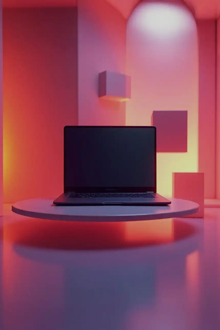Strakke, open laptop met een donker scherm en toetsenbord.