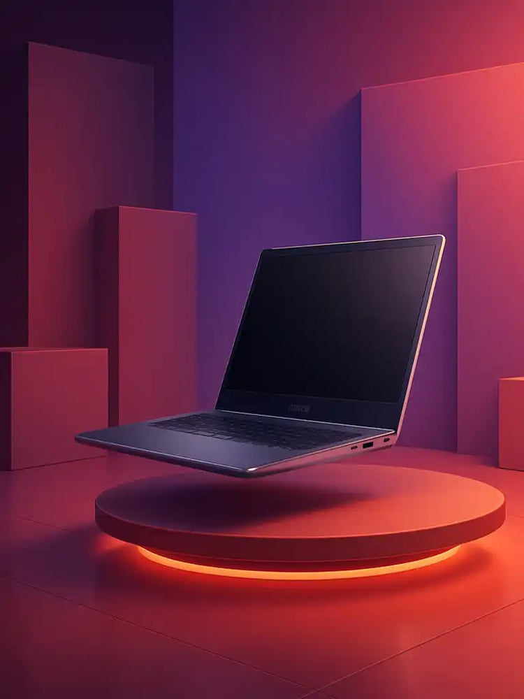 Strakke, zilveren laptop met een donker scherm.