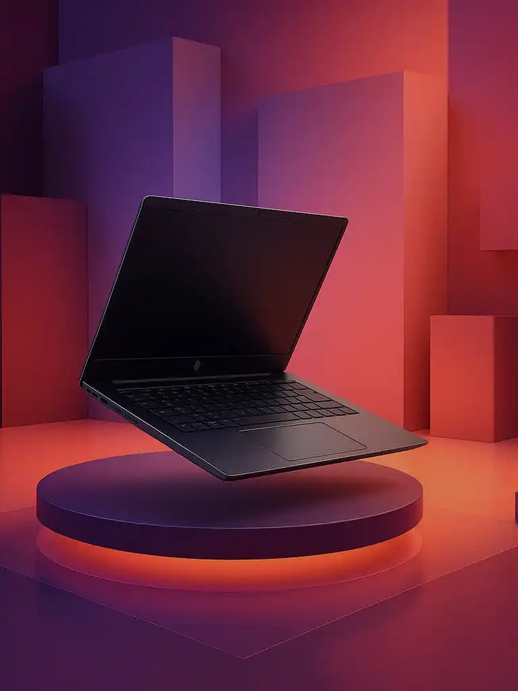 Strakke zwarte laptop met een geopend scherm.