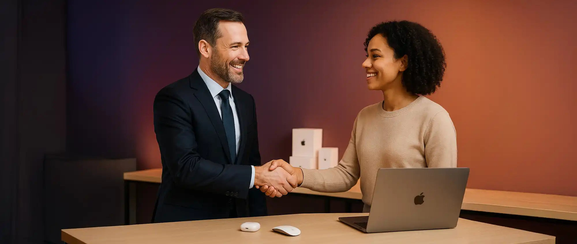 Twee mensen in zakelijke kleding schudden handen over een bureau met een laptop en Apple-dozen.