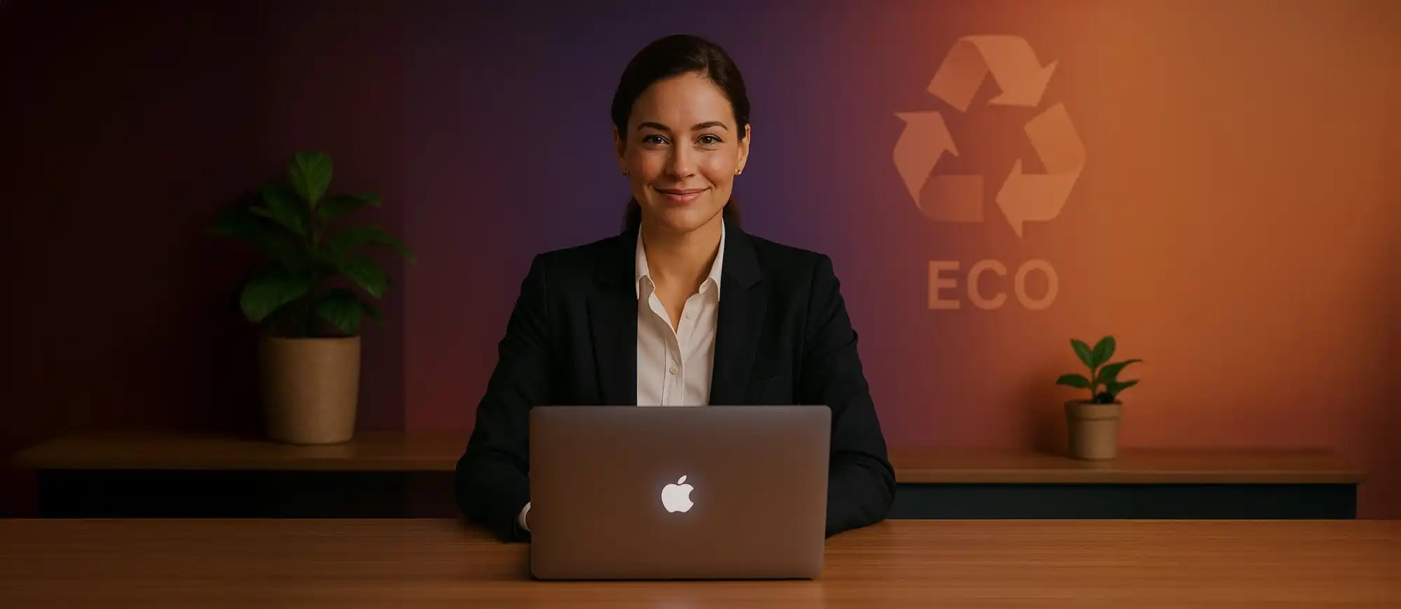 Een vrouw in een zakenpak met een laptop.