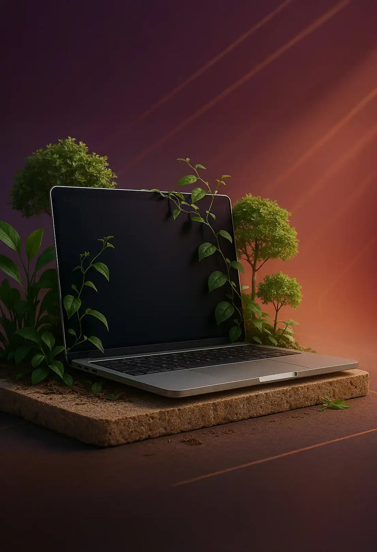 Een zilveren laptop met een donker scherm, gedeeltelijk bedekt met groene ranken.