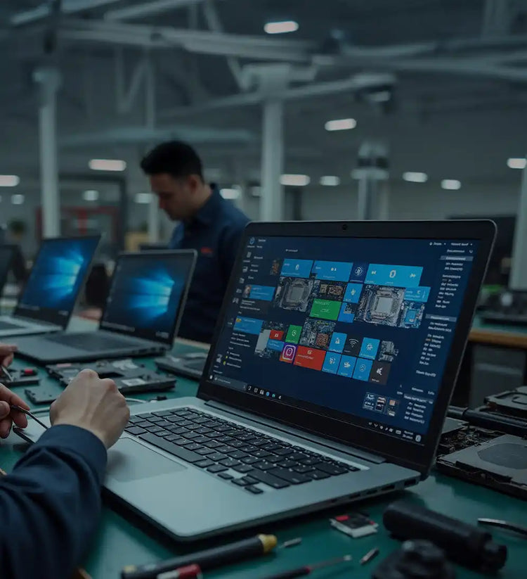 Een zilveren laptop met een donker toetsenbord en een helder scherm dat een raster van applicatie-icoontjes weergeeft.