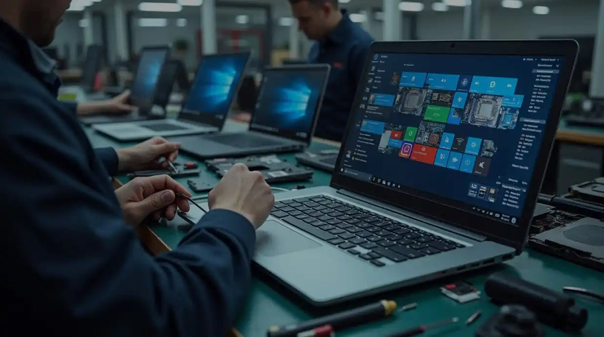 Een zilveren laptop met een donker toetsenbord, een open deksel en een scherm dat het Windows 10 Startmenu toont.