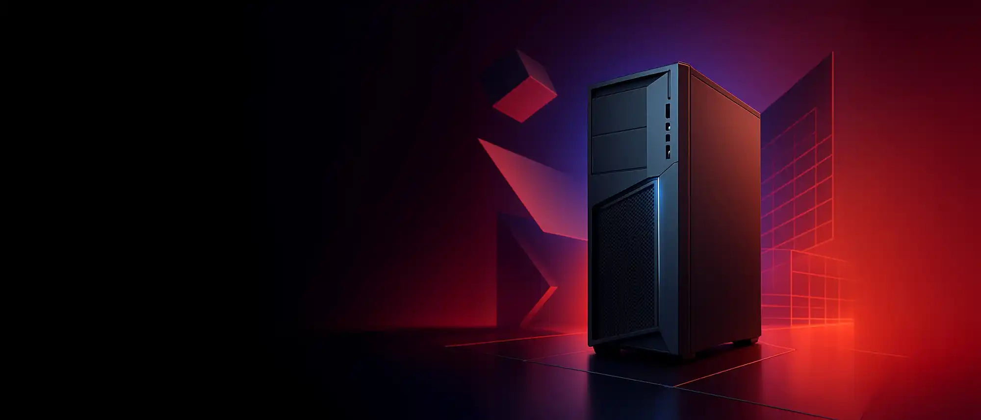 Zwarte desktop computer tower met blauwe accentverlichting.